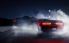 Dodge Challenger red supercar rear view, smoke HD wallpaper