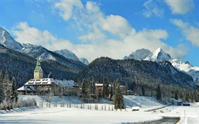 Elmau Castle, Bavaria, Germany, mountains, trees, winter, snow
