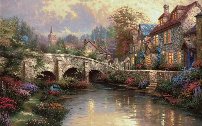England, Wiltshire District, countryside, village, house, bridge, art painting Wallpapers Pictures Photos Images