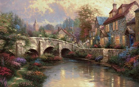 England, Wiltshire District, countryside, village, house, bridge, art painting