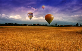 Farm, field, hot air balloons, sky, clouds, houses, village HD wallpaper