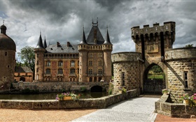 France, Castle of La Clayette, fortress, towers, gate, clouds HD wallpaper
