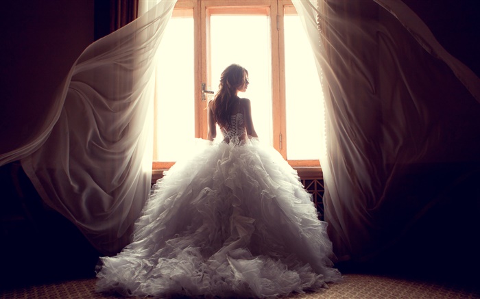 Girl at window side, white dress, curtains Wallpapers Pictures Photos Images