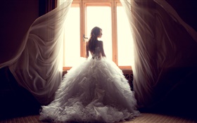 Girl at window side, white dress, curtains HD wallpaper