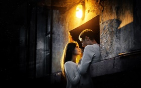 Girl with boy, fall in love, night, lights HD wallpaper