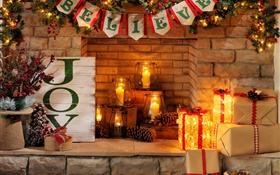 Happy New Year, Merry Christmas, fireplace, candles, gift boxes HD wallpaper