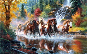 Horses, river, waterfall, forest, autumn, trees, art painting HD wallpaper