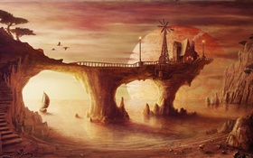 House, sea, birds, boat, island, beach, sky, art painting HD wallpaper