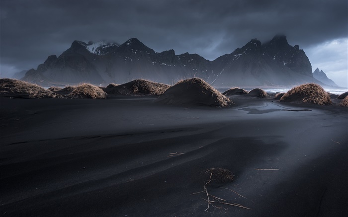 Iceland, Vestrahorn, black sand, dusk, grass, mountains, clouds Wallpapers Pictures Photos Images