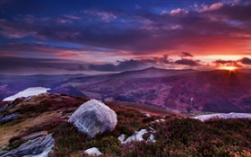 Ireland, mountain, rocks, flowers, grass, clouds, sunset