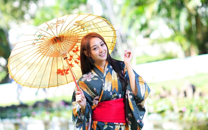 Japanese girl, kimono, umbrella, glare Wallpapers Pictures Photos Images
