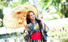 Japanese girl, kimono, umbrella, glare HD wallpaper