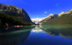 Lake Louise, Banff National Park, Alberta, Canada, mountains, forest, house, boat HD wallpaper
