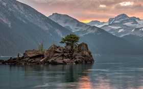 Lake, mountains, clouds, rocks island HD wallpaper
