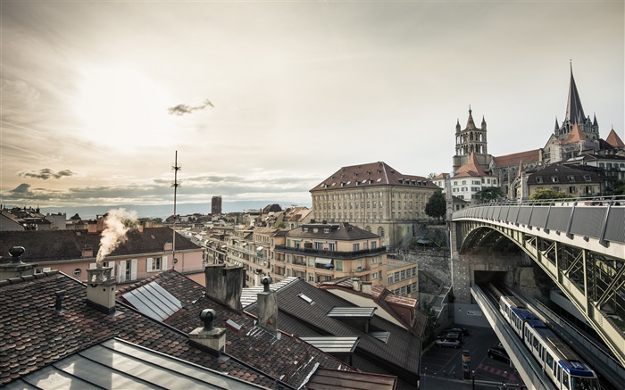Lausanne, Switzerland, houses, train, sun Wallpapers Pictures Photos Images