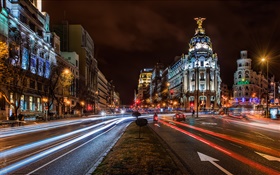 Madrid, Spain, city night, lights, houses, buildings, road HD wallpaper