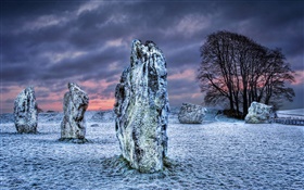 Megalith, stones, trees, snow, clouds, winter