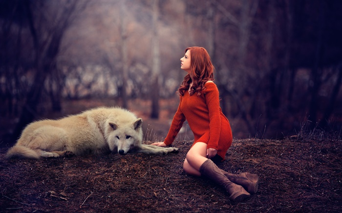 Melis, girl and wolf, red sweater Wallpapers Pictures Photos Images