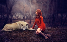 Melis, girl and wolf, red sweater