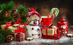 Merry Christmas, New Year, decoration, snowman, cup, candy, gifts HD wallpaper