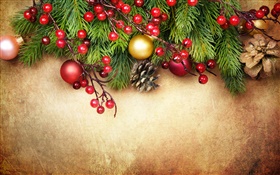 Merry Christmas, decoration, pine twigs, berries, balls HD wallpaper