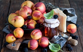 Nectarines, berries, cheese, honey HD wallpaper