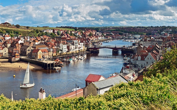 North Yorkshire, England, river, bridge, boat, house Wallpapers Pictures Photos Images