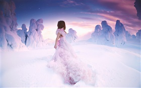 Pink dress girl in winter, thick snow HD wallpaper