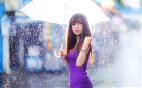 Purple dress Asian girl, umbrella, rain HD wallpaper