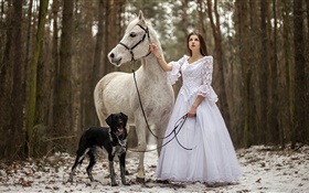 Retro style, white dress girl, horse, dog, forest HD wallpaper