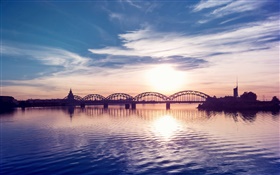 River, bridge, clouds, ripples, city, sunset