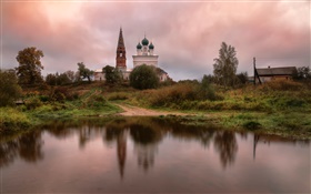 Russia, temple, village, pond, grass, trees, clouds HD wallpaper