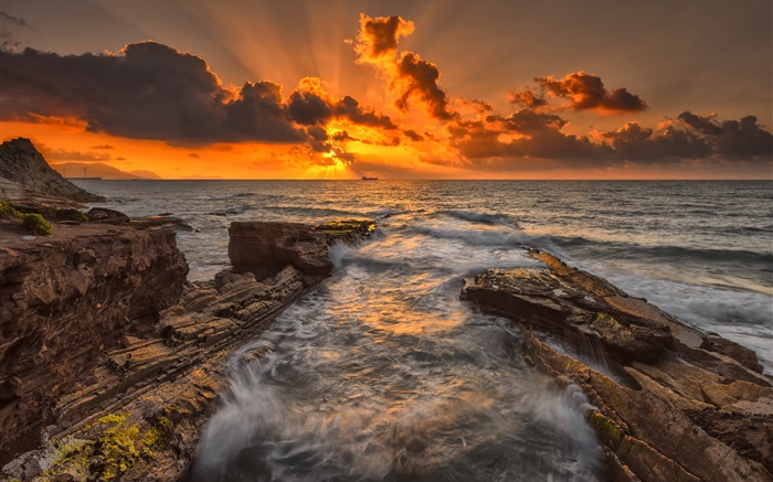 Sea, rocks, coast, sunset, dusk, clouds Wallpapers Pictures Photos Images