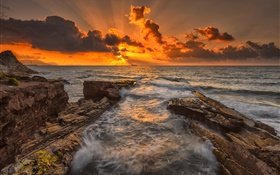 Sea, rocks, coast, sunset, dusk, clouds HD wallpaper