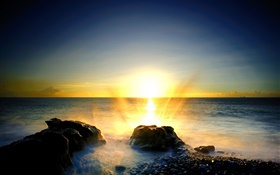 Sea, stones, beach, sunrise, foam, water splash HD wallpaper