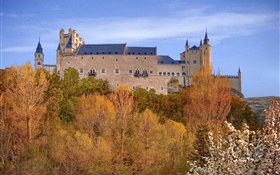 Spain, Segovia Alcazar, Palace, trees, sky, autumn HD wallpaper