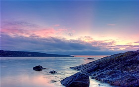 Sunset, sea, shore, rocks, sky, clouds