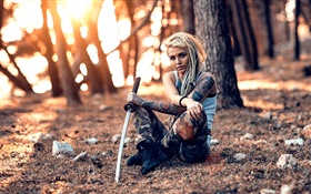 Tattoo girl, sword, weapon, trees HD wallpaper