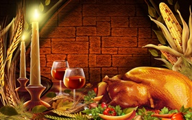 Thanksgiving, chicken, candles, wine glasses HD wallpaper