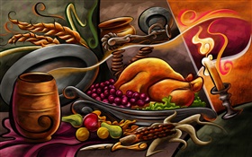 Thanksgiving theme painting, chicken, fruit, candles HD wallpaper