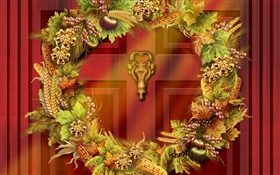 Thanksgiving theme painting, doors, wreaths, vegetables, fruits HD wallpaper