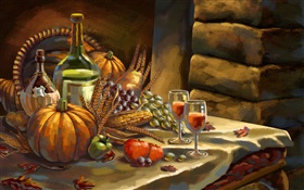 Thanksgiving, watercolor, pumpkin, grapes, wine, apples, wheat HD wallpaper