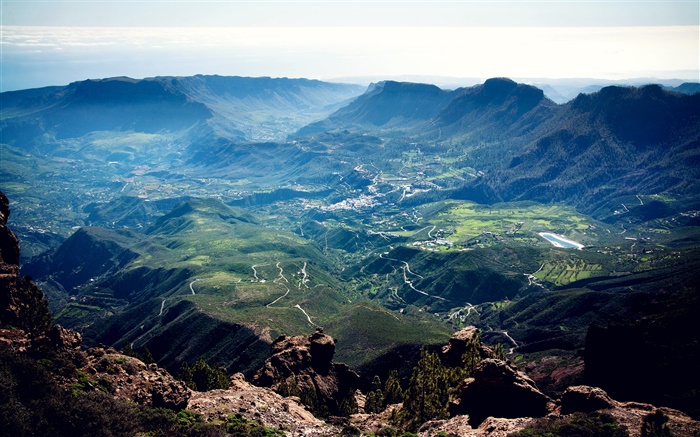 Top view, mountains, hills, town, roads Wallpapers Pictures Photos Images