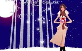 Vector illustration, girl, winter, snow, trees, gifts HD wallpaper