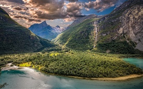 Vikane, Norway, valley, mountains, lake, clouds HD wallpaper