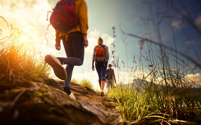 Walk, path, backpack, grass, people, sky Wallpapers Pictures Photos Images
