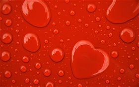 Water drops, love hearts, red background HD wallpaper
