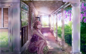 Watercolor painting, girl, house, grape HD wallpaper