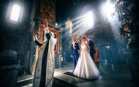 Wedding, groom, bride, Church, light HD wallpaper