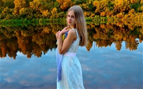 White dress girl, blonde, eyes, lake, forest, water reflection HD wallpaper